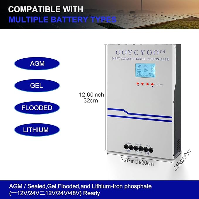 100 Amp MPPT Solar Charge Controller 24V 12V Auto 100A Solar Panel Regulator Max Input Power 2500W for AGM Sealed Gel Flooded Lithium Battery
