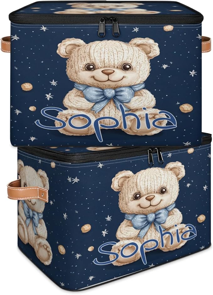 Custom Storage Basket with Name Personalized Storage Bins with Zipper Lid Foldable Fabric Storage Box Large capacity with Handle Starry Sky Bear