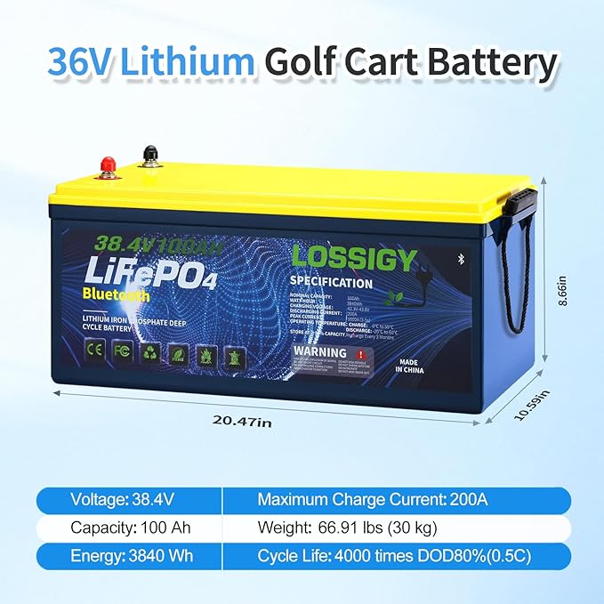 LOSSIGY 36V Lithium Golf Cart Battery 36 Volt 100Ah LiFePO4 Battery with 25A Lithium Charger Perfect for Golf CartsTrolling Motors Marine Built in 200A BMSPeak Current 1000A