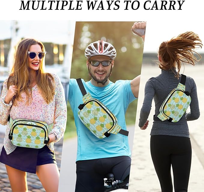 Hand Painted Cute Pineapple Waterproof Fanny Pack for Women Men Adjustable Waist Bag with Double Zipper Pockets Lightweight Square Hip Pack for Running Travel Hiking Workout Cycling