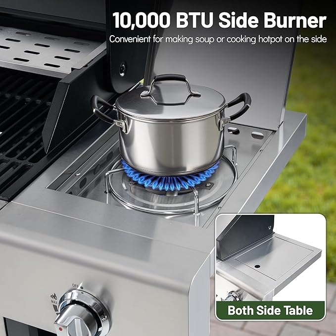 HUGROVE Propane Gas BBQ Grill with Side Burner &amp Wheels 50000 BTU Output Stainless Steel Barbecue Grill for Backyard &amp Outdoor Cooking Easy to Assemble (Silver)