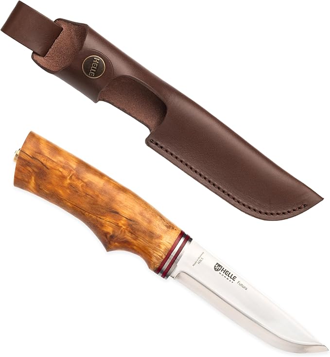 HELLE Knives - Futura - Outdoor Adventure Camping Knife with Sheath Triple Laminated Stainless Steel Fixed Blade Curly Birch Handle Made in Norway