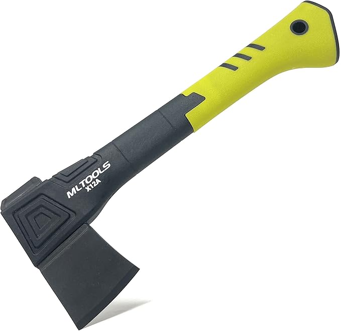 MLTOOLS Camping Axe X12A - Camp Axe with Fiberglass Ergonomic Handle High Carbon Steel Head - Torque &amp Weatherproof Survival Axes and Hatchets - Non-Slip Grip - with Protection Guard &amp Lock -