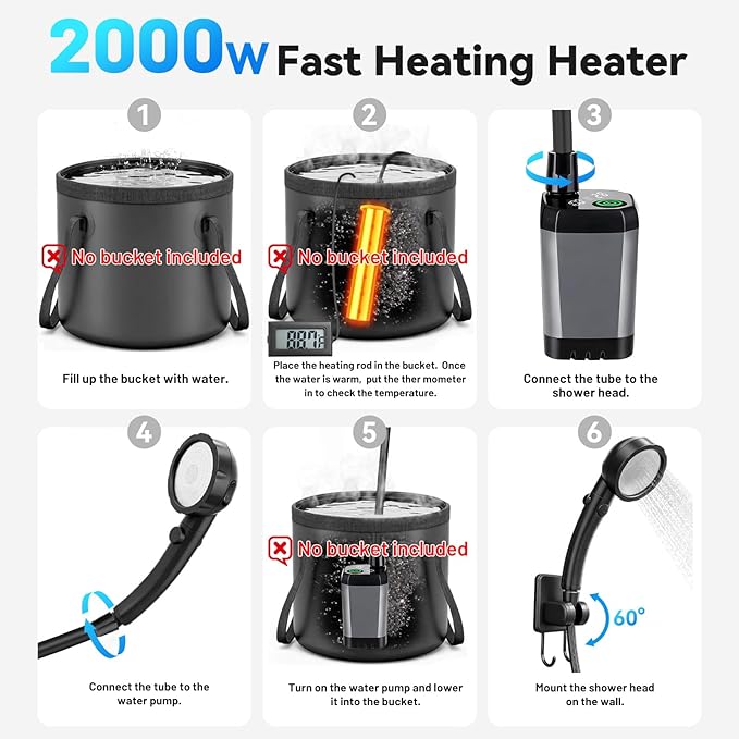 Camping Shower with Heater Portable – 6000mAh Rechargeable Hot Water Shower Pump with LED Display 3 Spray Modes for Outdoor Camping RV Pet Bath Car Wash Travel