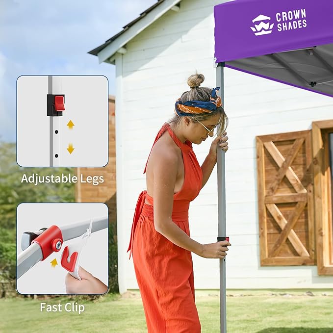 CROWN SHADES 10x10 Pop Up Canopy with 1 Side Wall - Beach Tent with One Push Setup - Outdoor Sun Shade for Events Parties Camping - Gazebo with STO-N-Go Cover Bag (Purple)