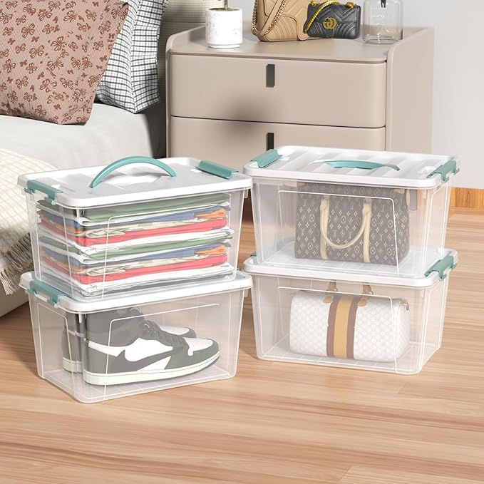 Readsky 4 Packs Clear Storage Latch Box Plastic 14 Quart Plastic Storage Bin with Lid and Handle