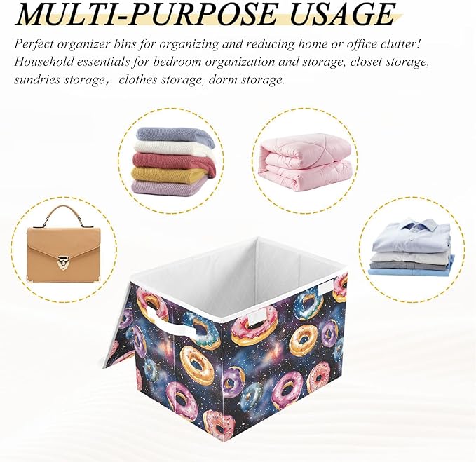 Storage Cube with Lid Space Donuts Print 16.5×12.6×11.8 IN Collapsible Large Capacity Foldable Storage Basket Bin Organizer