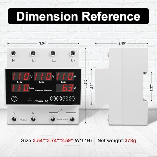 One-Click Setup Automatic Transfer Switch with Priority Phase L1＞L2＞L3 4P 63A 110V 40/50/60/70Hz ATS Electrical Selector Switch Generator Changeover Switch V/A Protector Din Rail Mount