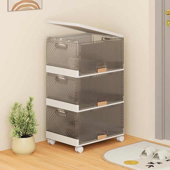 Giantex 3 Tier Stackable Storage Bins with Lids 13.5 Gal Foldable Shoe Storage Box with Detachable Wheels &amp Flip-Up Doors Collapsible Closet Organizers and Storage Bins