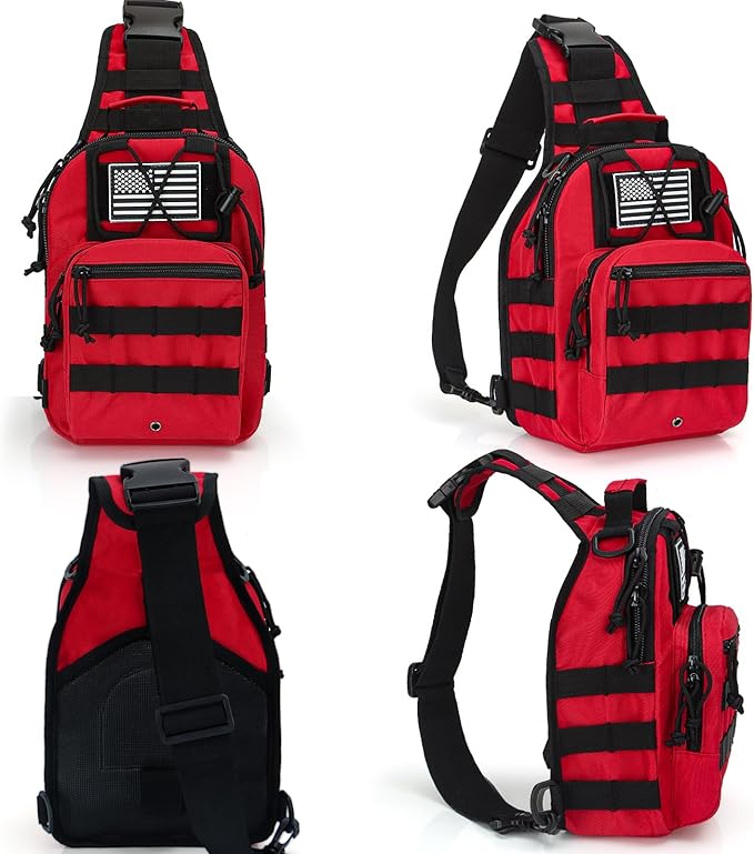 First Aid Sling Backpack - EMS Equipment Emergency Medical Supplies Tactical Range Shoulder Molle Bag - Heavy Duty Sports Outdoor Rescue Pack - Perfect for Camping Hiking Trekking - Red