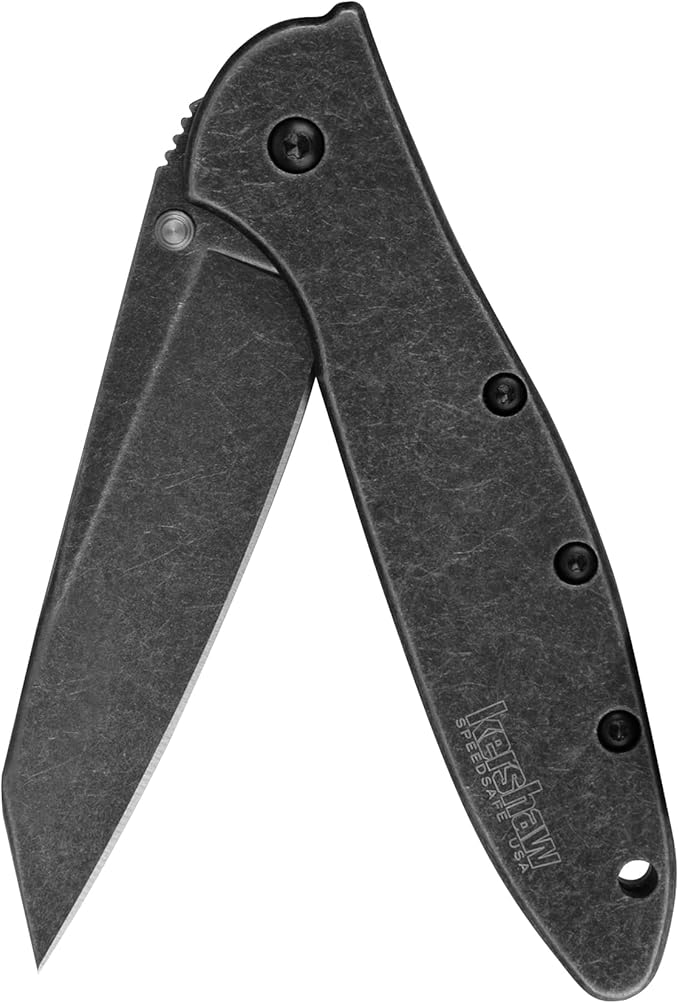 Kershaw Leek BlackWash Pocket Knife (1660BLKW) 3 Sandvik 14C28N Steel Blade 410 Stainless Steel Handle BlackWash Finish SpeedSafe Assisted Open Frame and Tip Locks Reversible Pocketclip 3 OZ