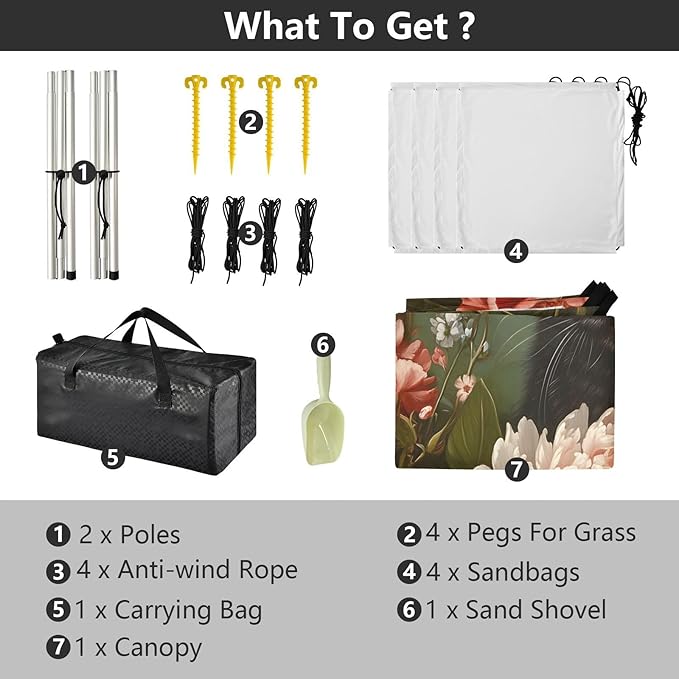 ALAZA Black Cat Peony Flowers Beach Tent Sun Shelter UPF50+ Protection Beach Shade Canopy w/ 4 Sandbags for Outdoor Camping Fishing Backyard Fun Picnic 10x9 ft