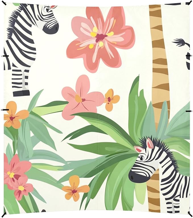 ALAZA Cute Cartoon Zebras Palm Trees Flowers Beach Tent Sun Shelter Portable Canopy Sunshade for Outdoor Camping Picnics Backyard Fun 10x9 ft