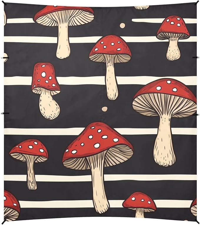 ALAZA Red Mushrooms on Black White Strip Beach Tent Sun Shelter Portable Canopy Sunshade for Outdoor Camping Picnics Backyard Fun 10x9 ft