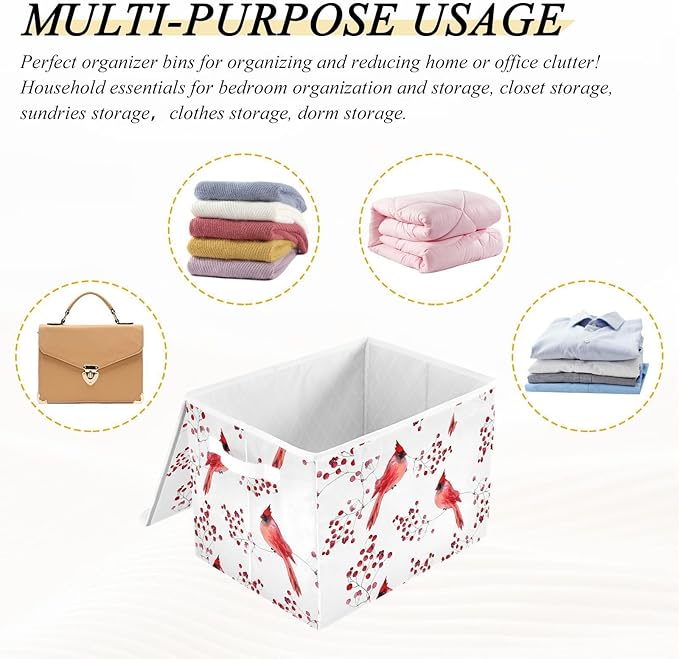 susiyo Large Foldable Storage Bin with Flip-Top Lid Cute Cardinal Birds Storage Box Collapsible Closet Organizer Containers Boxes Decorative Baskets with Handles for Home Bedroom Living Room Office
