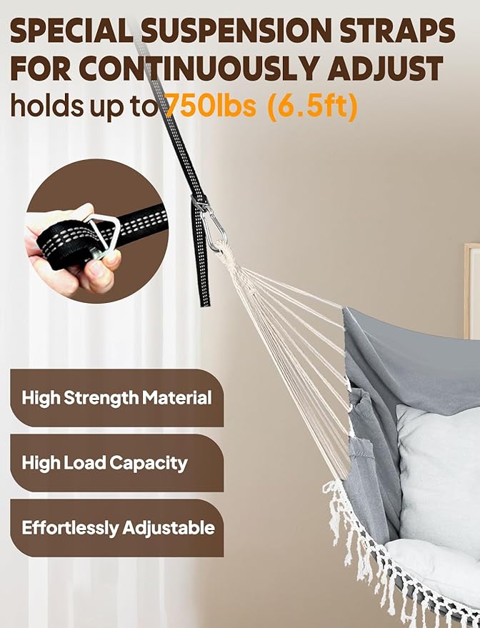 Chihee Hammock Chair Hanging Swing 2 Pillows IncludedStrong Webbing Straps and Hooks for Easy Hanging Soft Cotton Hanging Chair Side Pocket Tassel Chair Comfort Indoor Outdoor Light Grey