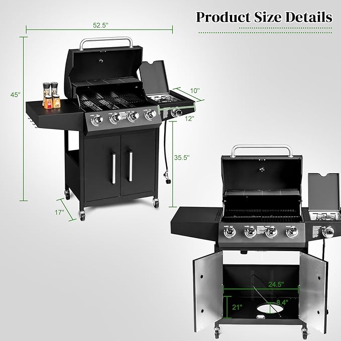 Bonnlo 4 Burner Propane Grills with Side Burner and Porcelain-Enameled Grates 58000BTU Gas Grill with Side Shelf and Portable Rolling Wheels Grill for Outdoor Cooking BBQ Patio Backyard
