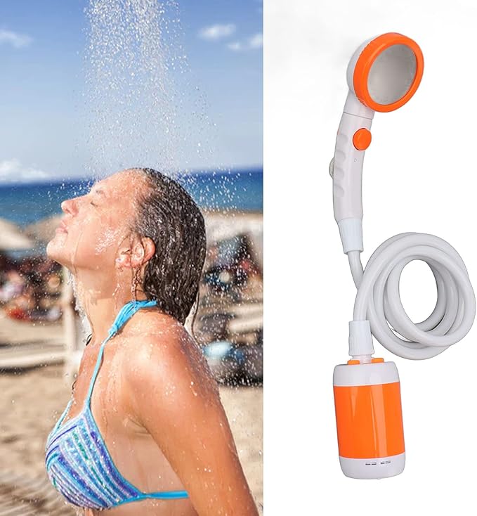 Gavigain Portable Outdoor Shower Electric Shower Outdoor Shower Pump Stainless Steel PVC 3 Gear Electric Camping Shower Pump for Hiking Backpacking Camping Travel Beach Pet (Orange White)