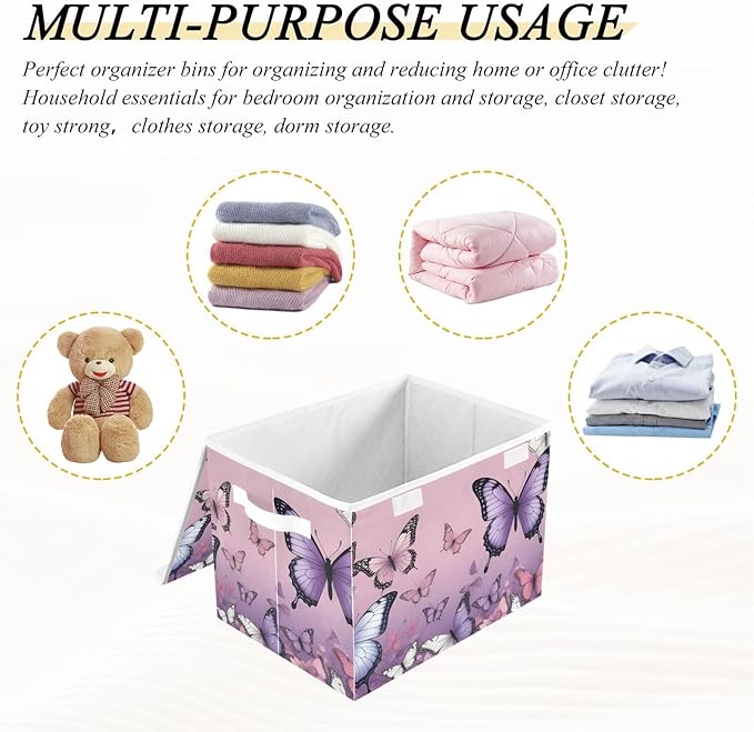 Storage Cube with Lid Purple Butterflies Print Collapsible Large Capacity Foldable Storage Basket Bin Organizer 16.5×12.6×11.8 IN
