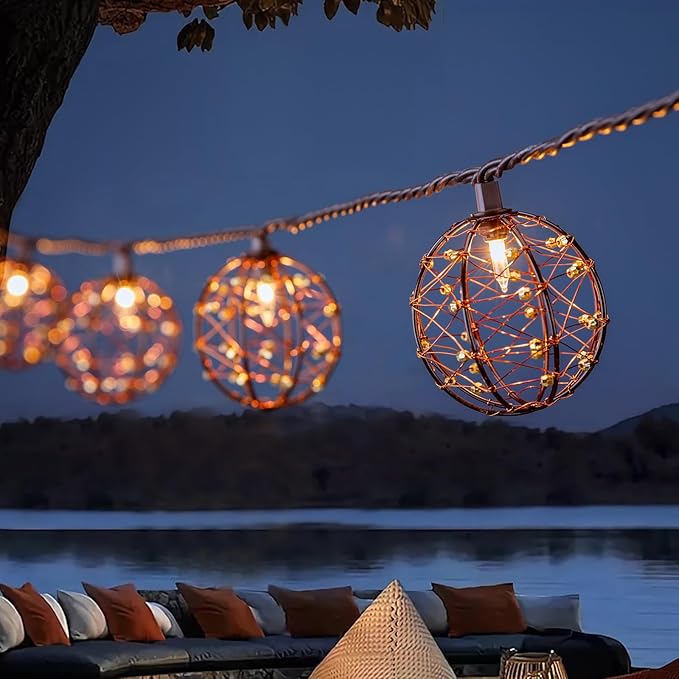 Outdoor Decorative Patio String Lights Beaded Copper Wire Ball Style Lantern Lights Connectable Weather-Resistant Indoor Outdoor Novelty Whimsical Light for Home Pergola Bedroom Porch Party Backyard