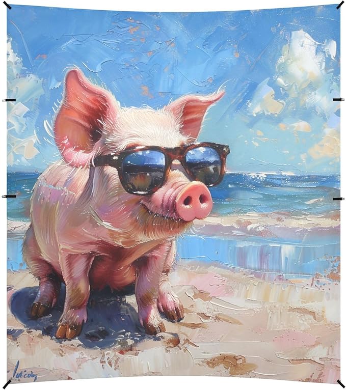 ALAZA Oil Painting Funny Pig on The Beach Beach Tent Sun Shelter Portable Canopy Sunshade for Outdoor Camping Picnics Backyard Fun 10x9 ft