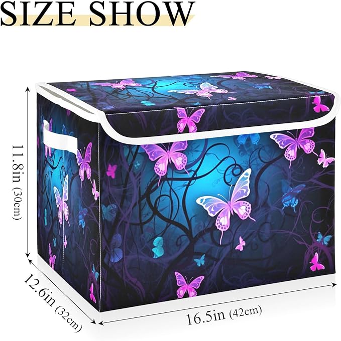 YETTASBIN Purple Blue Butterfly Storage Basket with Lid and Handles Large Collapsible Fabric Storage Bins Durable Storage Organizer for Shelves Closet Bedroom School Office Home Decor