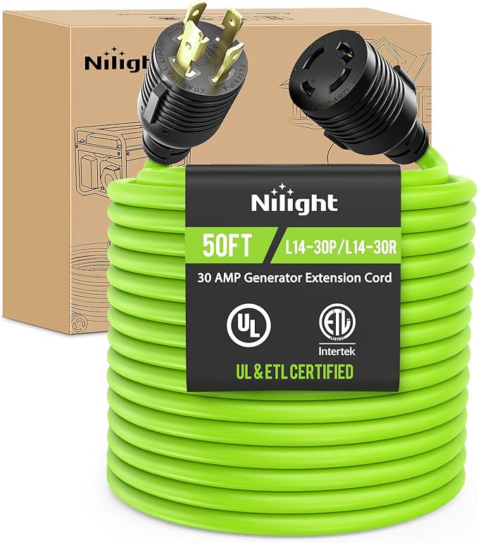 Nilight 50FT 30Amp Generator Extension Cord 125V Heavy Duty 10/3 Gauge Pure Copper STW Wire UL ETL Listed 4 Prong L14-30P L14-30R Weatherproof Suit for Camper Outdoor Use Bright Green