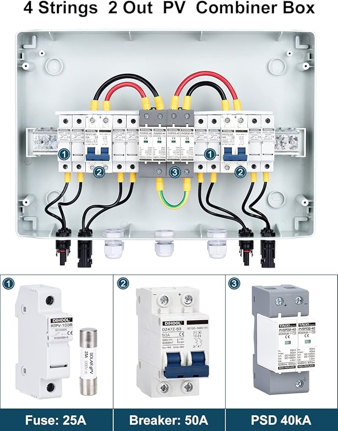 DIHOOL PV Solar Combiner Box with Lightning Surge Protector Arrester 4 String 4 in 2 Out 25A 500V DC Breaker Fuse Inline Box for 4 Arrays and 2 Inverters