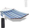 TegerDeger 12FT 2 Person Hammock Large Hammock 450LB Capacity with V Shaped Hardwood Spreader Bar &amp Nylon Rope for Outside Patio Garden Backyard Beach Poolside - Blue Stripes