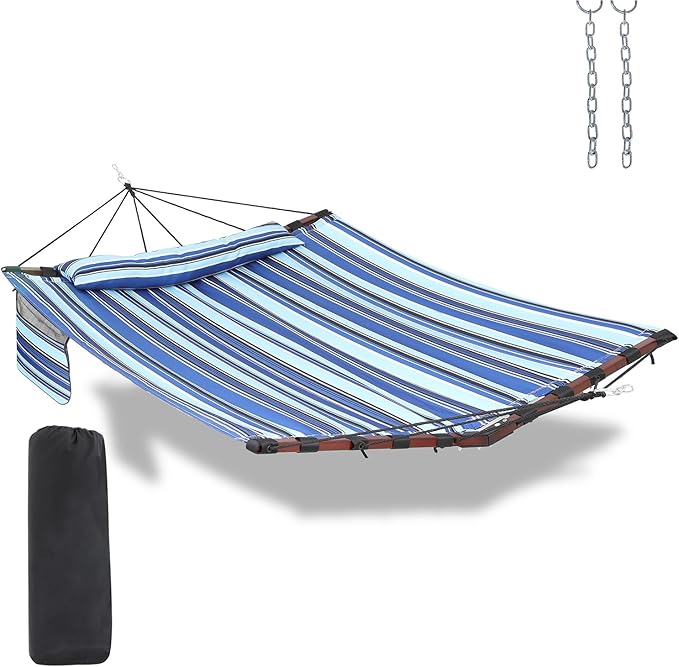 TegerDeger 12FT 2 Person Hammock Large Hammock 450LB Capacity with V Shaped Hardwood Spreader Bar &amp Nylon Rope for Outside Patio Garden Backyard Beach Poolside - Blue Stripes
