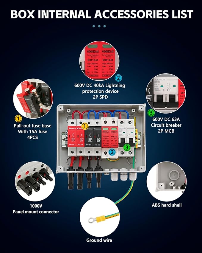 VOU 600V Solar DC PV Combiner Box2 String with Lightning Arrester Connector for On/Off Grid Solar Panel System2 Input 1 Out 15A Rated Current Fuse63A Circuit BreakerIP65 WaterproofMCBSPD