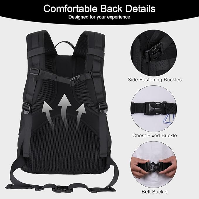 MOSISO 30L Military Tactical Backpack for Men Daypack 3 Day Bug Out Bag Hiking Rucksack with Bottle Holder for Sport Outdoor Hiking Camping Training Black