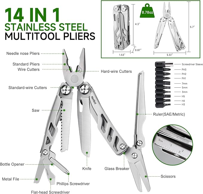 NexTool 14-in-1 Multi-Tool Stainless Steel Multitool Pliers with 80Cr14Mov Pocket Knife 2 Safety Locks and Huge Scissors EDC Multitool Utility Tool for Camping Outdoor Activities (Flagship Max)