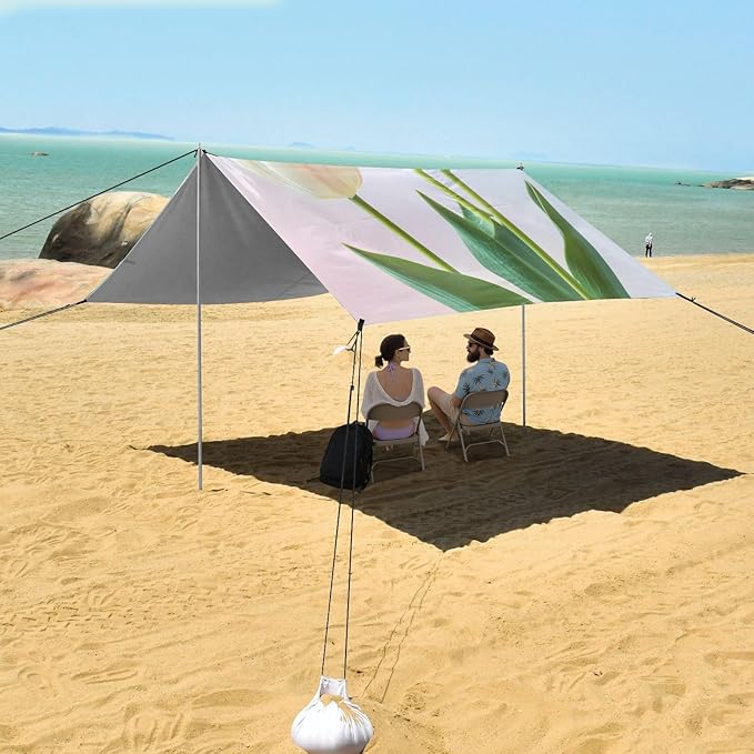 ALAZA Beautiful Blooming White Tulip Leaf Beach Tent Sun Shelter Portable Canopy Sunshade for Outdoor Camping Picnics Backyard Fun 10x9 ft