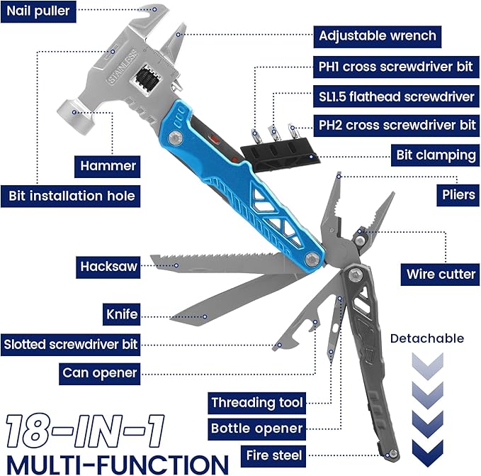 18-in-1 Multipurpose Tool Kit Survival Camping Gear &amp Fishing Gifts Multitool with Hammer Pliers Screwdriver and Pocket Knife for Dad Men(Blue)