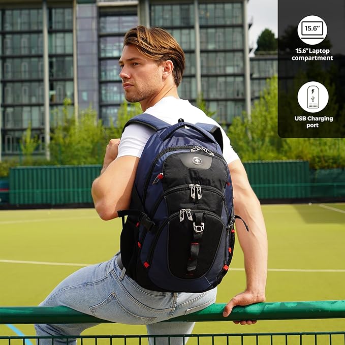 Swissdigital Design Laptop Backpack with USB Charging Port Travel Backpack Fits 15.6 inches Computer 31L College School Backpack for Men Blue/Black | SD803-12