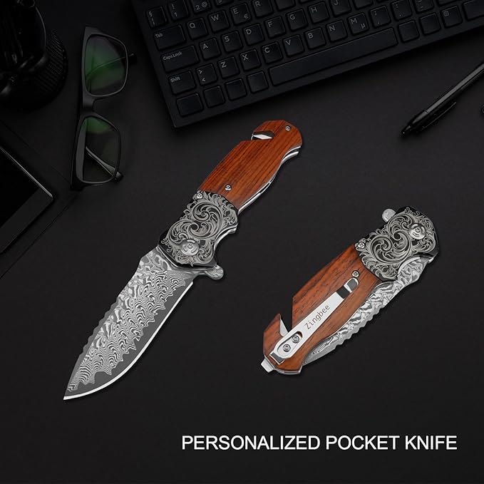 Zingbee Pocket Knife with Glass Breaker EDC Damascus Folding Knife with Seatbelt Cutter 3.35 VG10 Damascus Steel Blade Multitool Pocket Knives with Wood Handle