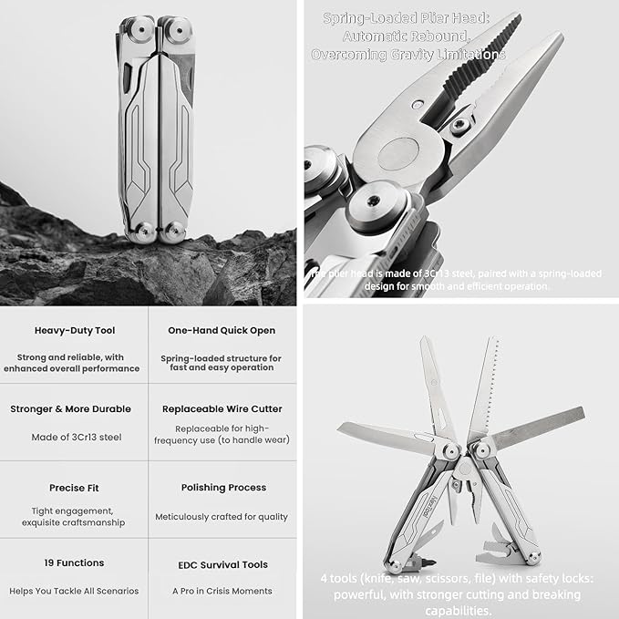 Multitool 19-in-1 Full-Size Lightweight EDC Nylon Bag Multi-Purpose Pliers Stainless Steel Camping Knives &amp Tools Gift Ideas for Men Gifts for Hunters Men who have Everything (Silver)