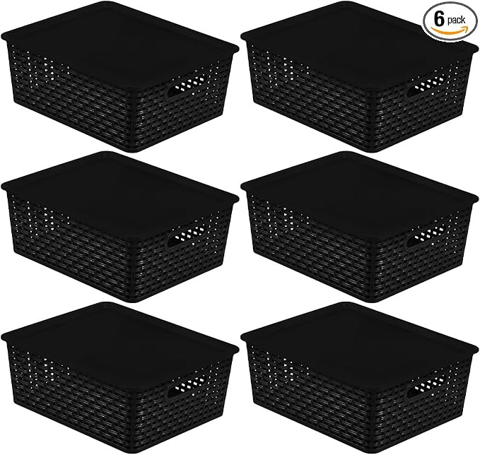 6 Pack Large Stackable Storage Baskets with Lids Plastic Lidded Storage Basket Bins for Shelves Closet Bathroom 13.86x 11.42x 5.24 Black