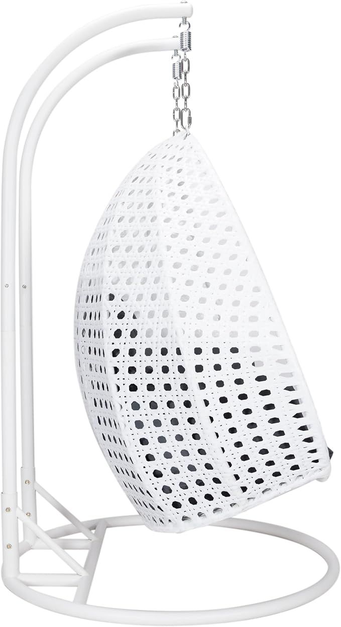 LeisureMod 2 Person Hanging Egg Chair Indoor Outdoor Patio Lounge Swing with White Stand &amp UV-Resistant Cushions Hammock Chair for Bedroom &amp Garden Dark Grey