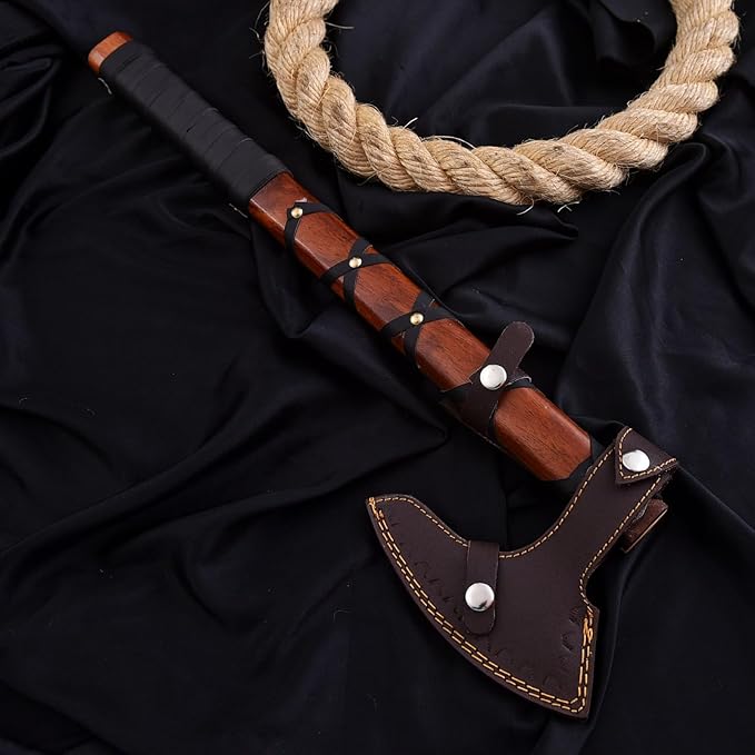 Viking Axe Ragnar Lothbrok – Hand Forged Bearded Axe with Rosewood Handle High Carbon Steel Norse Tomahawk Sharp Camping &amp Hunting Hatchet Viking Axe with Leather Sheath for him
