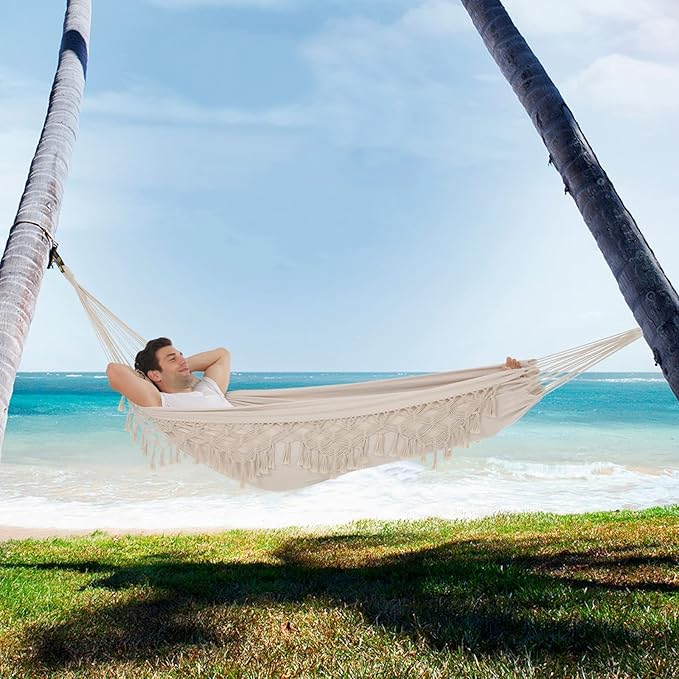 Hammock Hanging Swing Double Max 500lbs Macrame for Indoor Outdoor Patio Yard Garden (Beige)