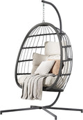 HWB Hanging Egg Chair with Stand Patio Wicker Egg Swing Chair with Cushion for Bedroom Garden Indoor Outdoor (Beige)