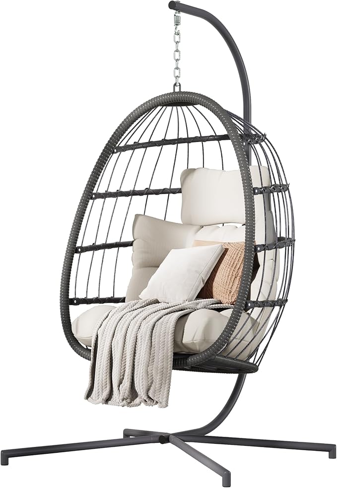 HWB Hanging Egg Chair with Stand Patio Wicker Egg Swing Chair with Cushion for Bedroom Garden Indoor Outdoor (Beige)