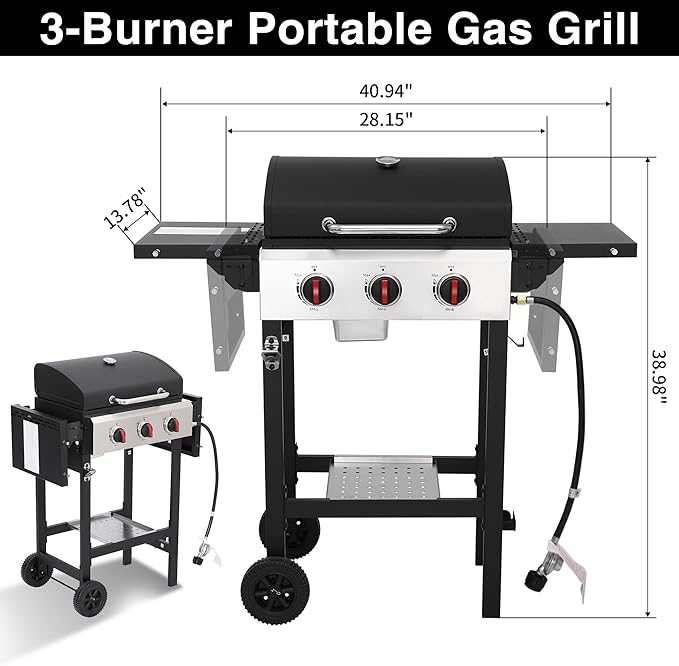 Propane Gas Grill with Folding Side Tables 3-Burner Gas Grill with Cast Iron Grates and Stainless Steel Griddle Pan Outdoor BBQ Grill Portable with Wheels 30000 BTU Output
