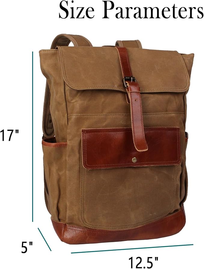 Heavy-Duty Wax Canvas with Top Layer Cowhide Retro Backpack Suitable for Men and Women'S Leisure/Hiking/Traveling/College Canvas Backpack(8431-Khaki)