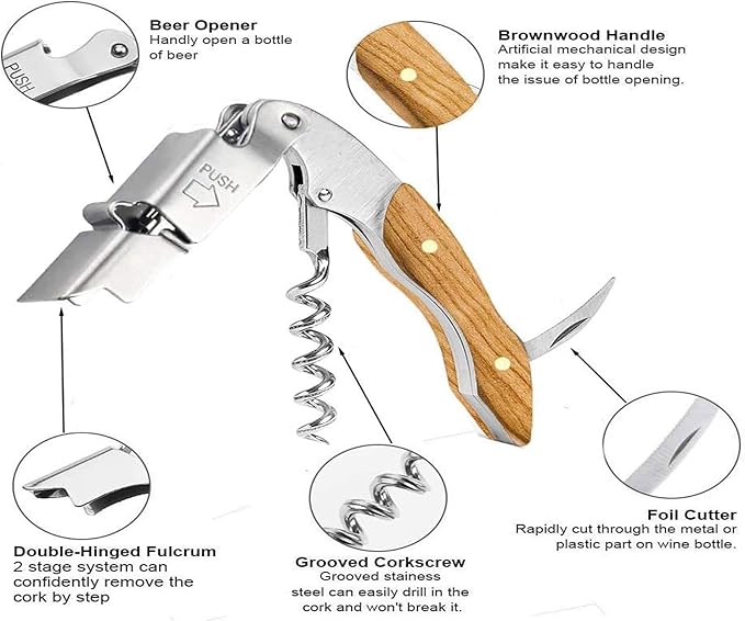 Professional Waiter Corkscrew Wine Key for Bartenders Set of 3With Long Rosewood Handle Stainless Steel Handle Wine Opener for Bar Restaurant Waiters Sommelier Bartend (Big Wood 3 Packs)