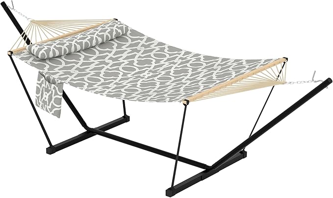 Double Hammock with Stand - Heavy Duty Portable 2 Person Design with Adjustable Steel Stand Max 450LBS Ideal for Outdoor Patio Garden Beach &amp Backyard