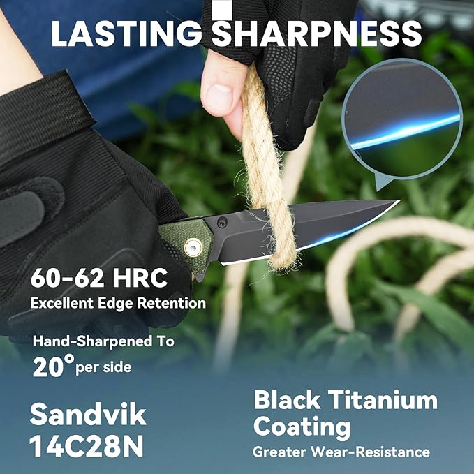 Pocket Knife For Men Folding Pocket Knife With 3.77 Sandvik 14C28N Blade &amp Micarta Handle Flipper Knife With 2-way Assisted Opening EDC Knife With Deep Pocket Clip For Hunting Camping