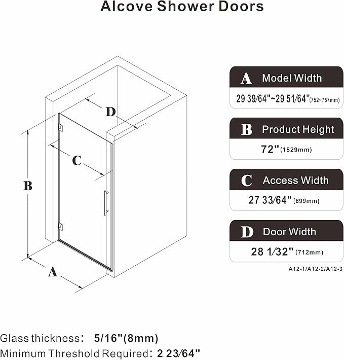 29.6-29.8 x 72Frameless Hinged Shower Door Single Swing Shower Panel with 5/16” (8mm) Tempered Glass 180° in &amp Out Opening 5mm Adjustable for Non-Vertical Walls (Brushed Gold 29.8 x 72)